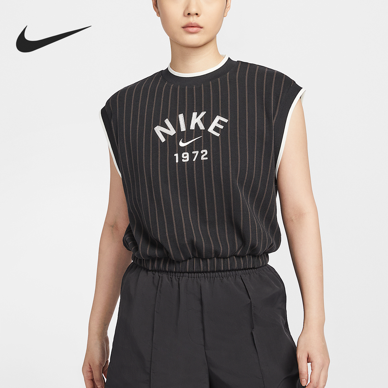 耐克女士针织无袖竖纹透气T恤