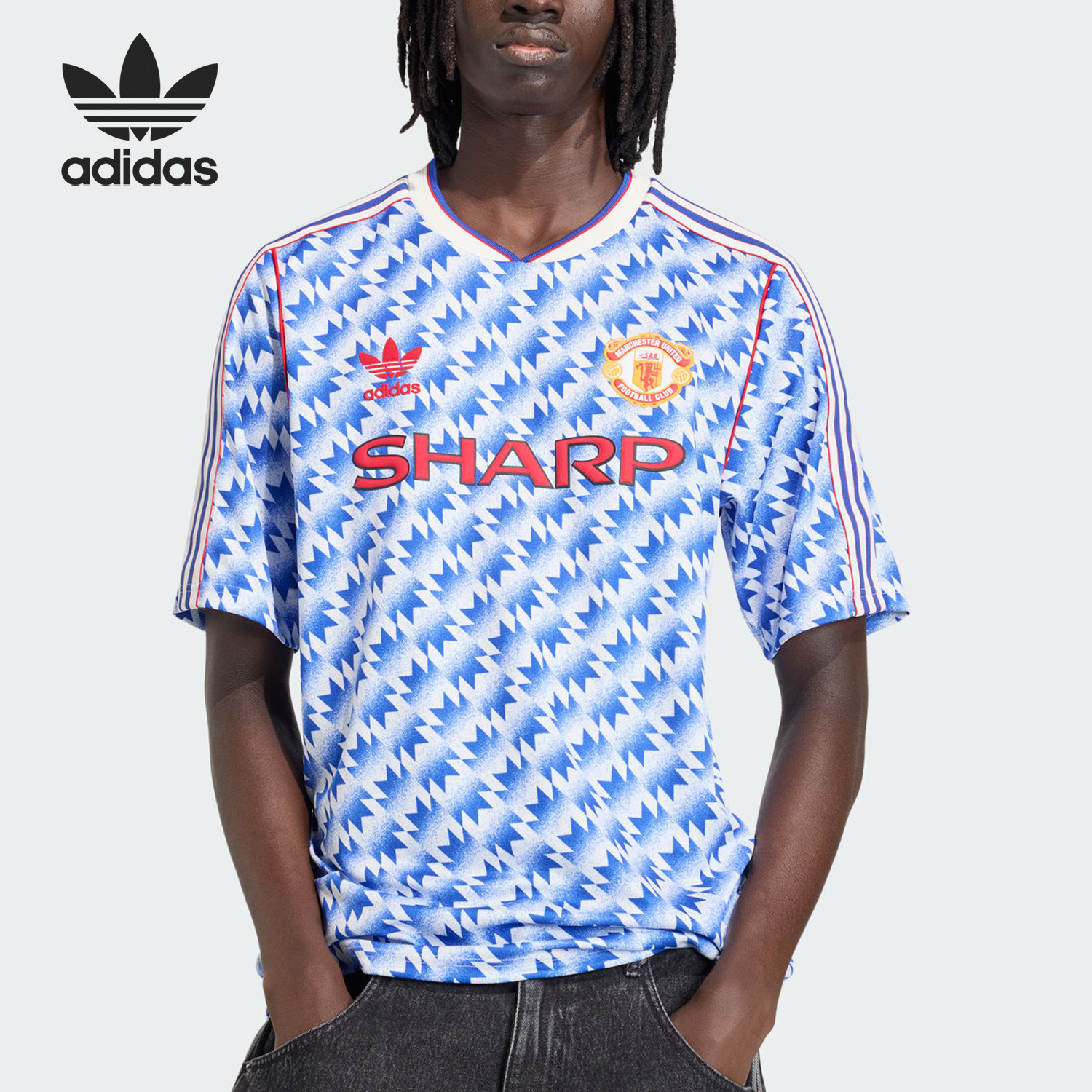 Adidas/阿迪达斯官方正品三叶草新款男蓝白色复古短袖球衣JM5495