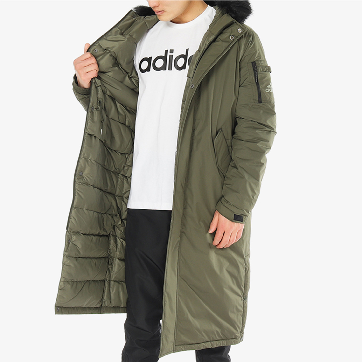 阿迪达斯户外长款毛领风衣羽绒服