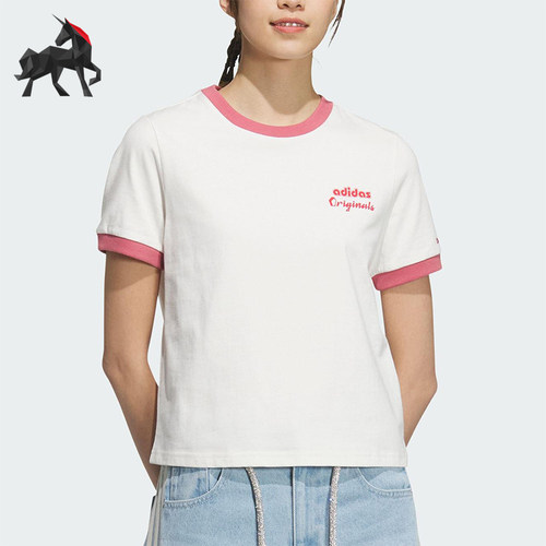Adidas/阿迪达斯正品三叶草女士印花短款休闲透气针织短袖JM7972