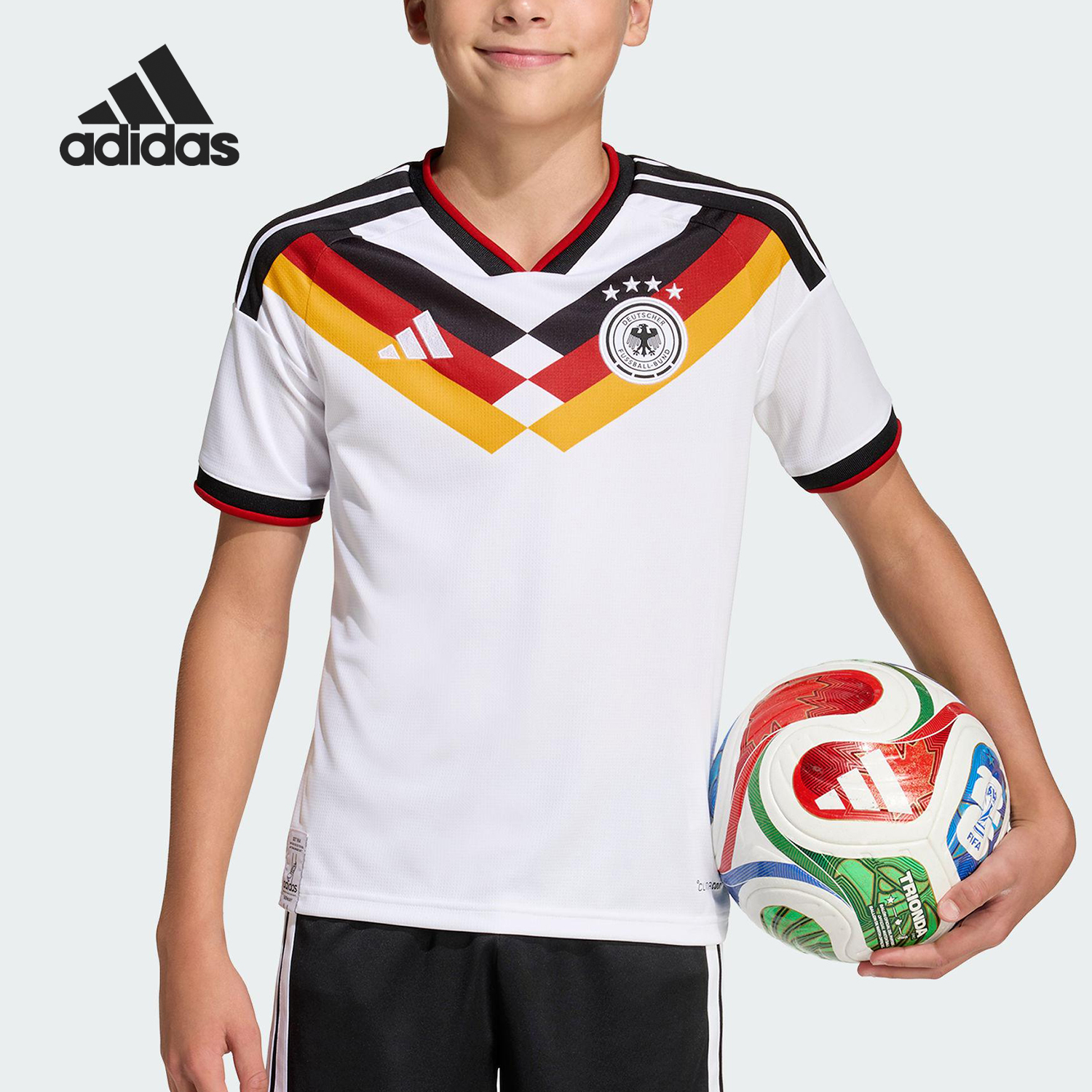 阿迪达斯大童V领针织足球短袖