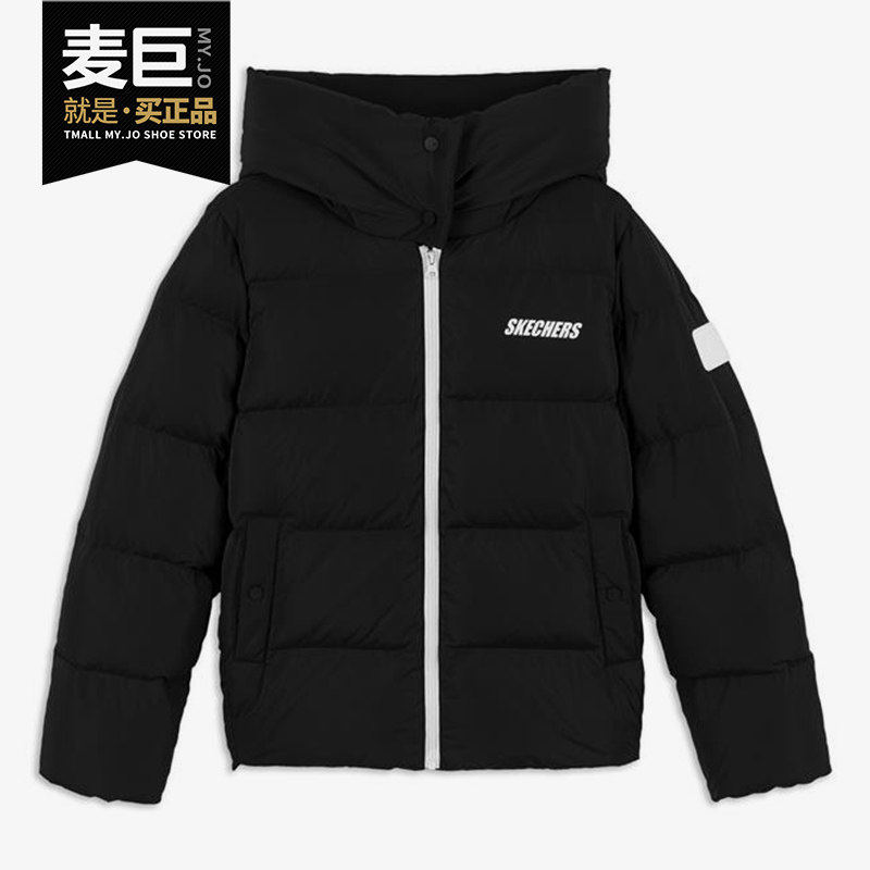 skechers/斯凯奇正品秋冬新品女子糖果色保暖连帽短款拉链羽绒服