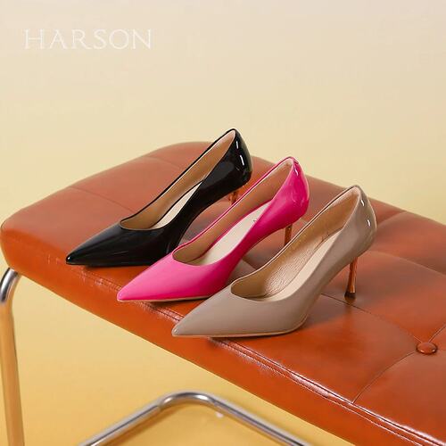 HARSON哈森24秋季新品尖头细高跟女鞋时尚牛漆皮单鞋HL247101