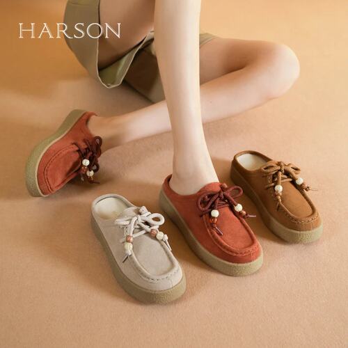 HARSON哈森25春季新品女鞋厚底勃肯舒适系带半拖鞋HCM253101