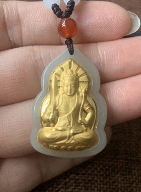 金镶玉生肖兔守护神吊坠天然和田玉文殊菩萨挂件正品黄金玉石玉佩