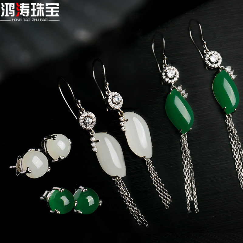 925银镶嵌和田玉耳环碧玉耳坠女长款耳线气质耳钉小巧耳饰套装