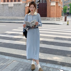 蓝色小香风减龄连衣裙女2023春秋新款法式收腰显瘦梨型气质初恋裙图片