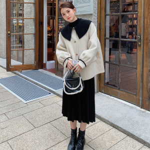 学院风白色短款毛呢外套女秋冬2024新款小个子海军领双面羊绒大衣图片
