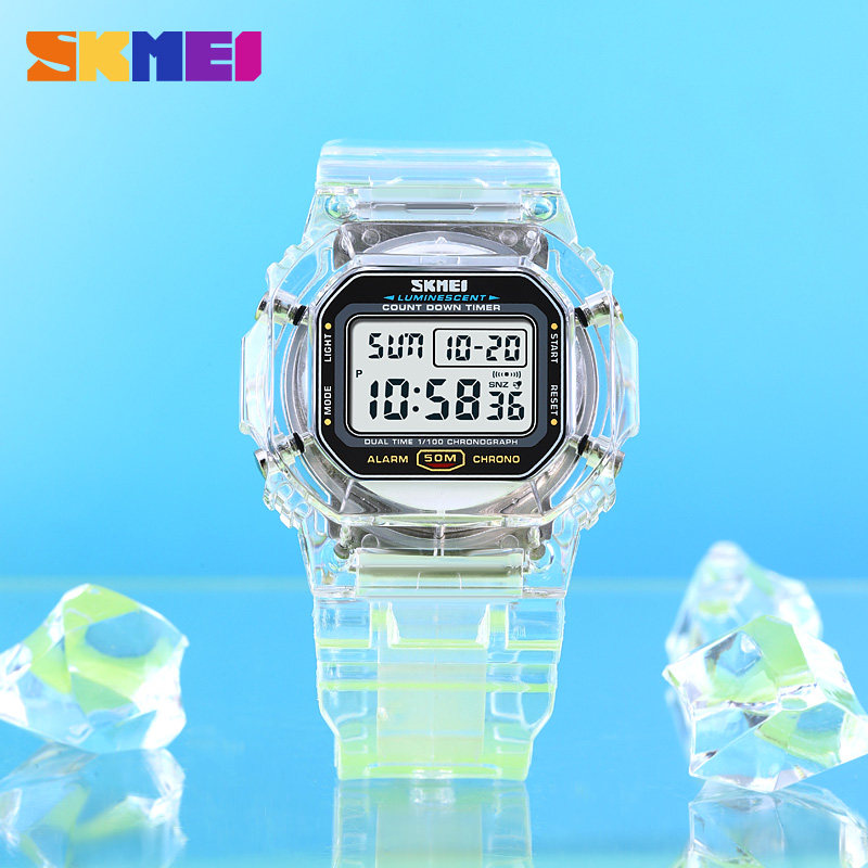 时刻美时尚复古小方块新款透明表带果冻色电子表学生情侣透蓝色