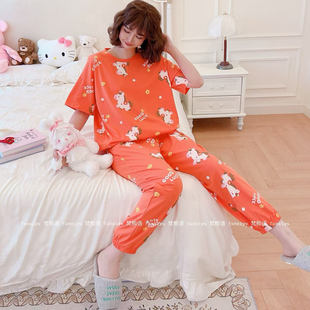 梵熙语2026春季新款宽松网红睡衣女短袖九分裤束脚纯棉家居服舒适