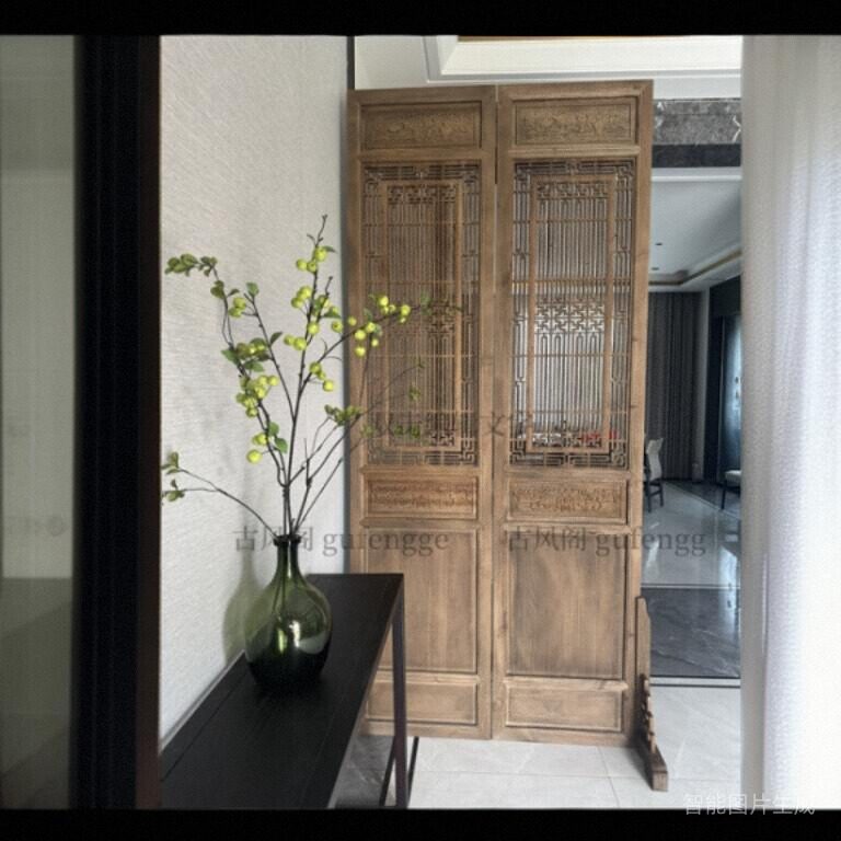 中式仿古隔断门窗直播背景墙实木镂空雕刻屏风复古做旧东阳木雕