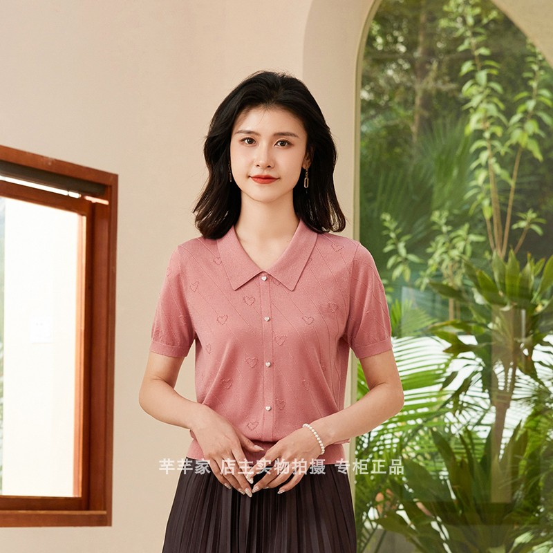 丝衣菲Y898翻领天丝提花女针织衫
