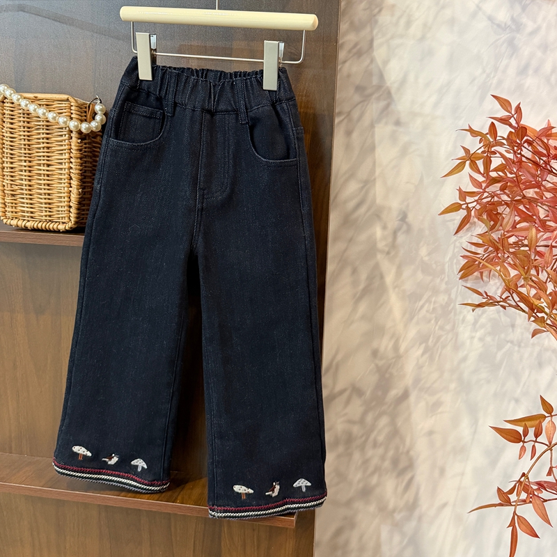 leomama童装女童加绒牛仔裤冬季儿童蘑菇刺绣休闲保暖直筒长裤