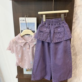 子 儿童时髦设计感洋气屁帘直筒裤 leomama女童紫色牛仔裤 2026新款