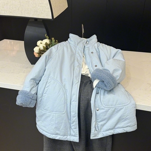 leomama【冰川蓝】女童棉服中大童装冬款加厚保暖中长款外套纯色