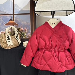 童装中国风设计女童羽绒服90白鸭绒红色儿童新中式外套洋气拜年服