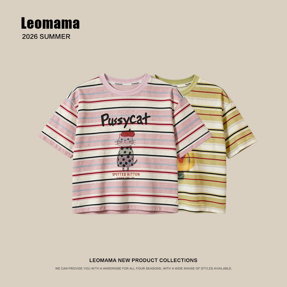 leomama女童短袖t恤儿童上衣夏季中大童卡通印花条纹可爱衣服