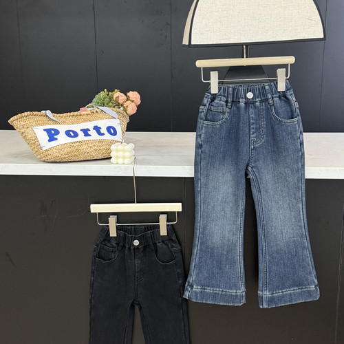 leomama女童裤子秋冬款儿童牛仔裤加绒2025新款中大童休闲喇叭裤