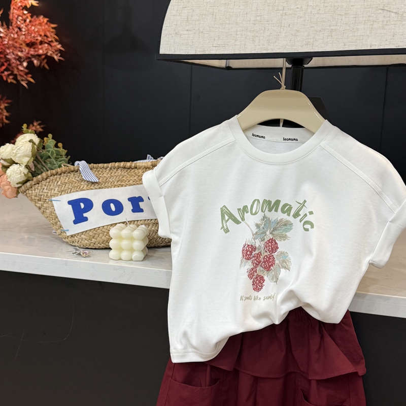 leomama【树莓T】女童短袖T恤夏季儿童宽松印花洋气百搭圆领上衣