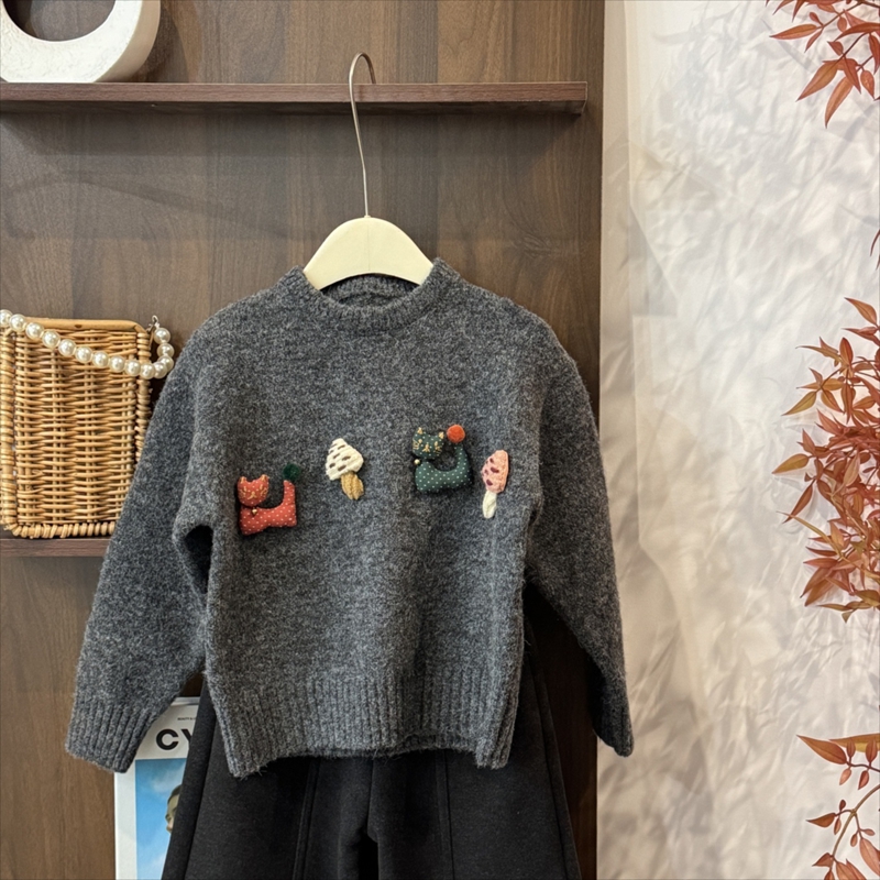 leomama女童立体蘑菇毛衣秋冬季25新款加厚内搭针织打底衫上衣