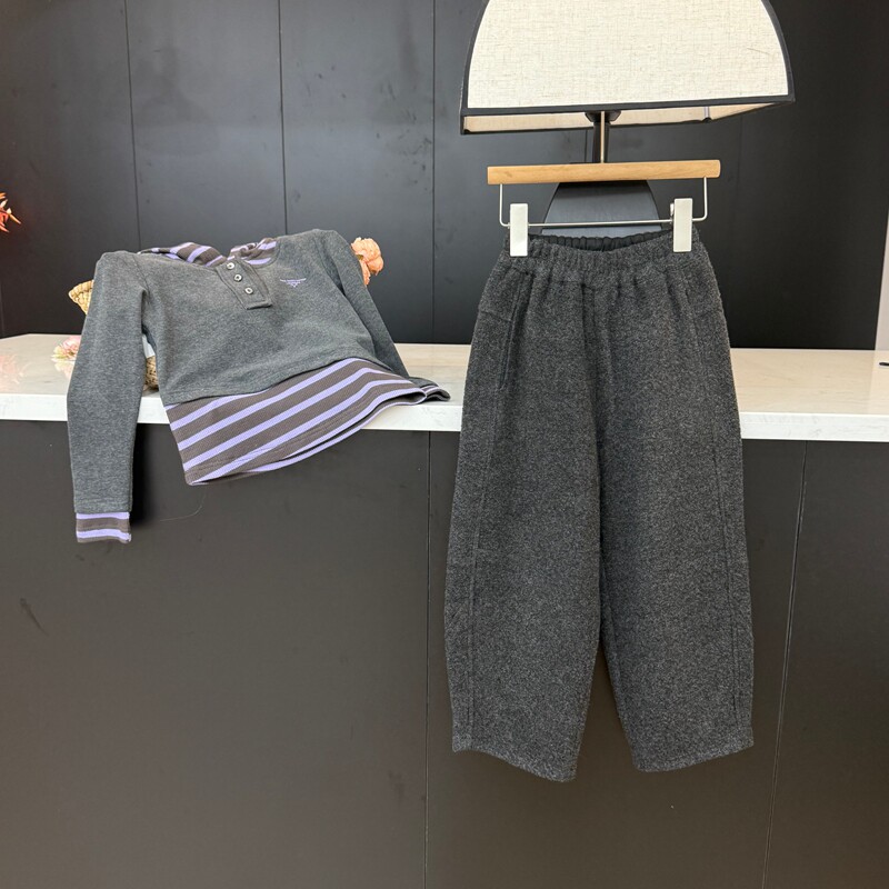 leomama女童加厚黑灰弯刀裤子秋冬新款韩版纯色儿童加厚休闲裤