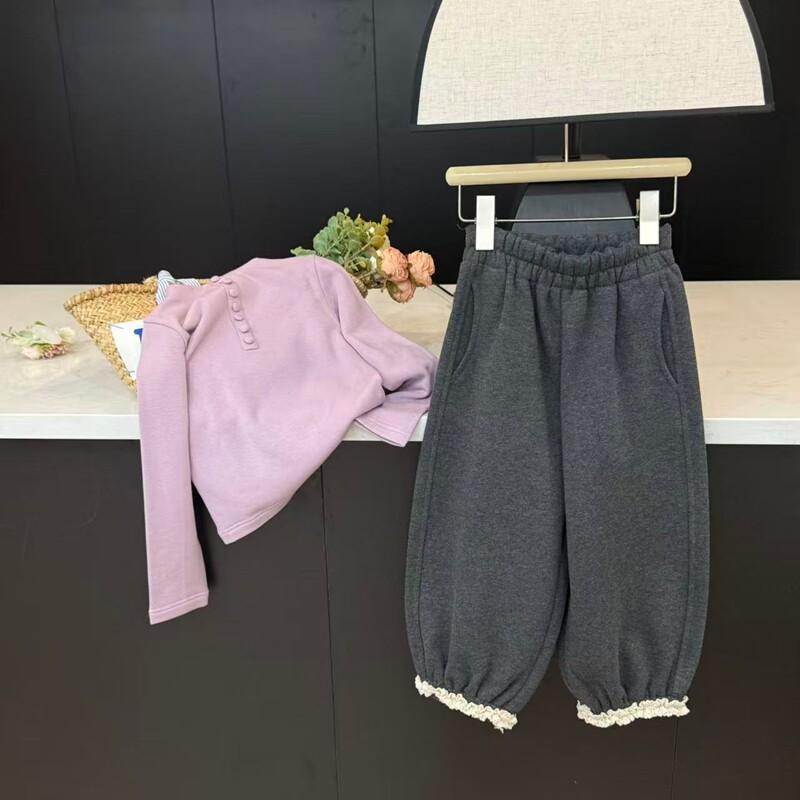 leomama女童抓绒花边卫裤25年秋冬新款女孩裤子中大童韩版九分裤