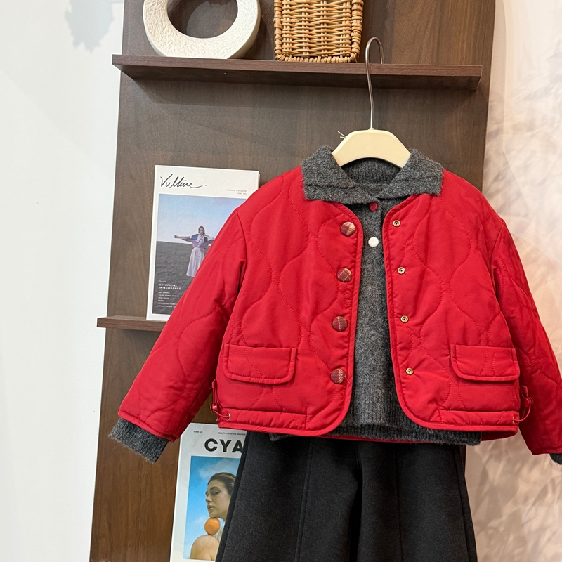 leomama女童棉服冬装儿童棉袄洋气夹棉棉衣两面穿外套红格子年服