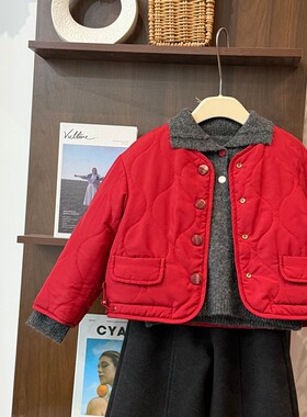 leomama女童棉服冬装儿童棉袄洋气夹棉棉衣两面穿外套红格子年服