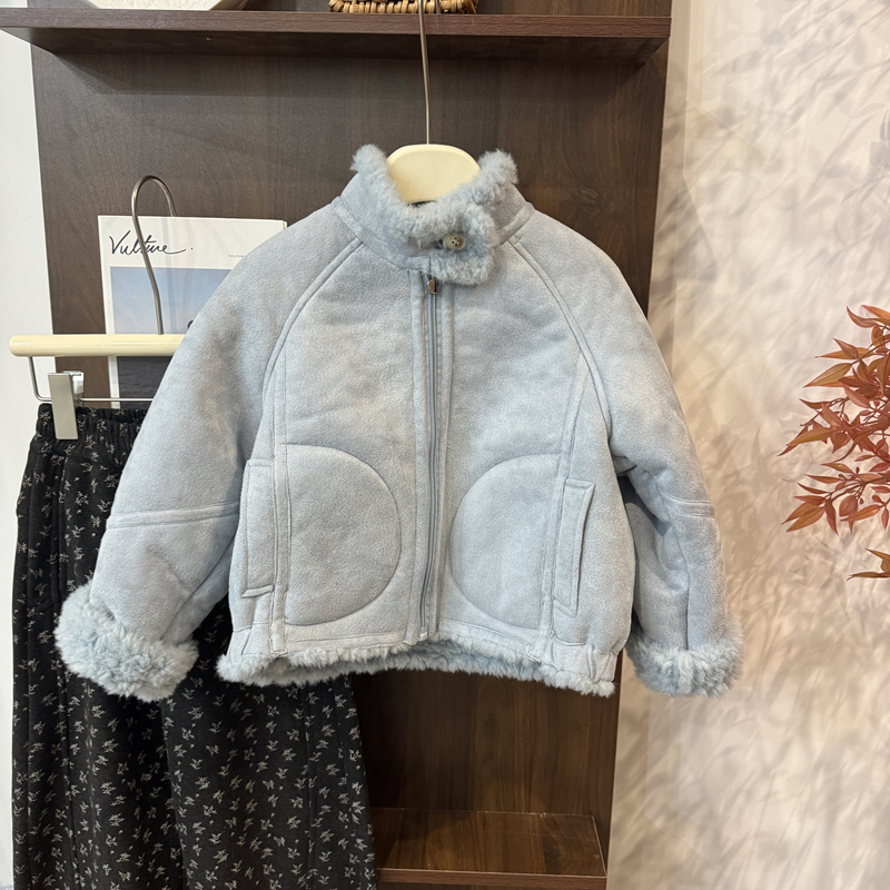 leomama儿童皮毛一体外套女童双面穿加厚外套中大童保暖冬装上衣