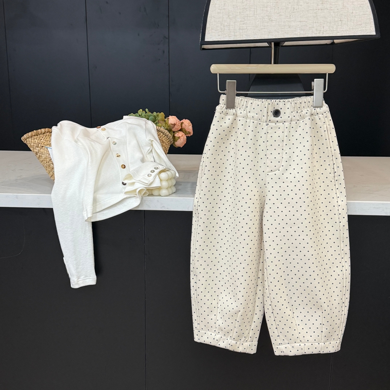 leomama女童波点加绒牛仔裤秋冬新款儿童弯刀休闲宽松纯棉裤子