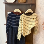 leomama撞色条纹针织开衫 宽松显瘦衣外套圆领上衣 女童2026春秋季