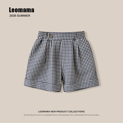 leomama【蓝格子】女童洋气格子短裤儿童夏季款百搭宽松时尚裤子