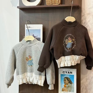 leomama卡通印花蕾丝拼接卫衣女童25新款 秋冬加绒宽松百搭上衣