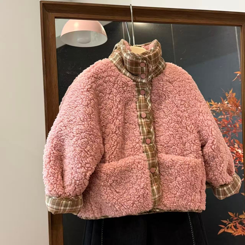 leomama25冬季新款女童粉格两面穿棉服加厚棉衣保暖百搭洋气棉服