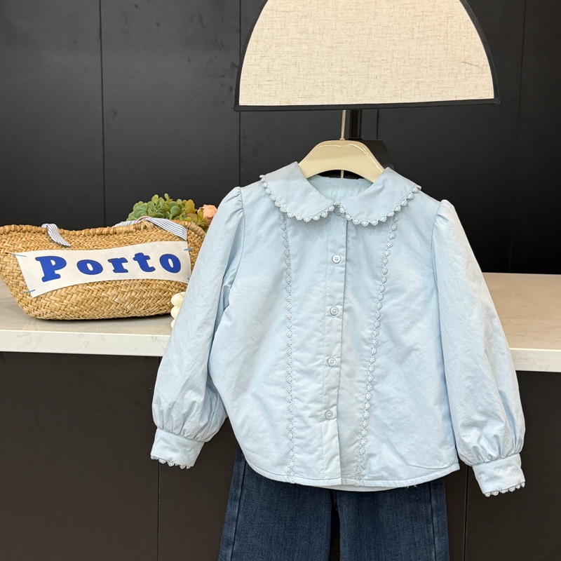 leomama女童蓝色夹棉衬衫25秋冬新款儿童洋气蕾丝边宝宝纯棉上衣