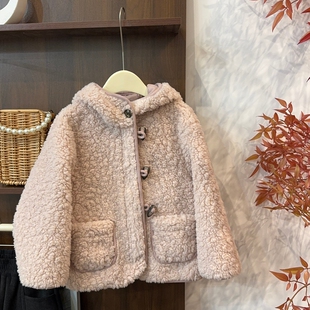 leomama女童外套秋冬款加厚毛毛连帽外套2025新款儿童保暖大衣