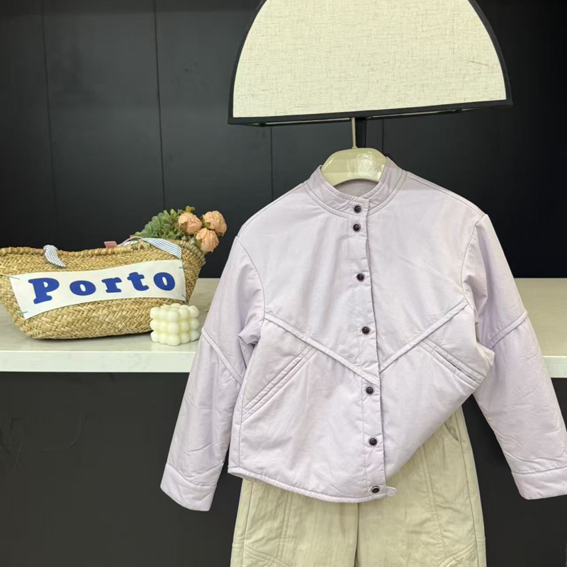leomama女童小立领夹棉衬衫外套冬装新款衬衣棉服宽松休闲上衣