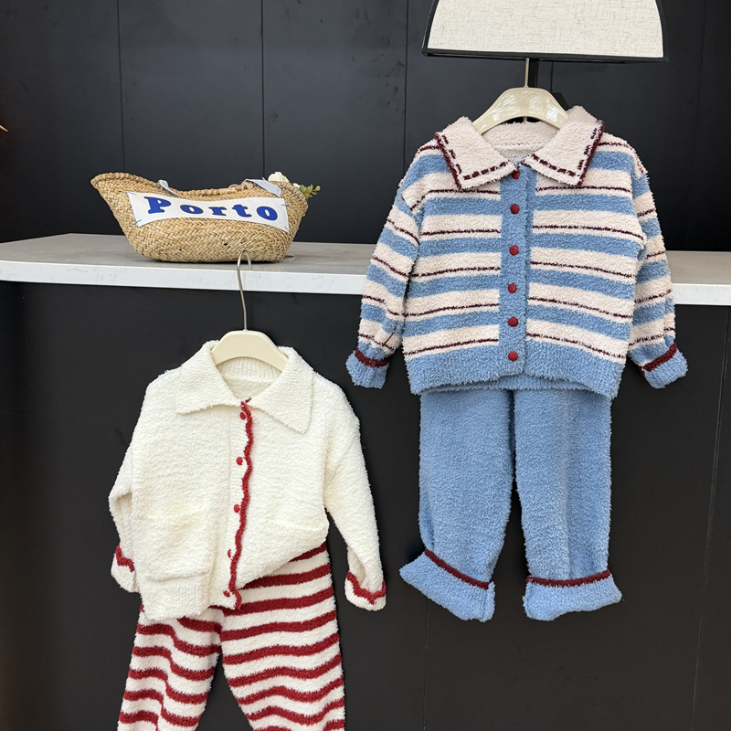 leomama女童睡衣半边绒家居服套装2025冬季中大童儿童保暖两件套