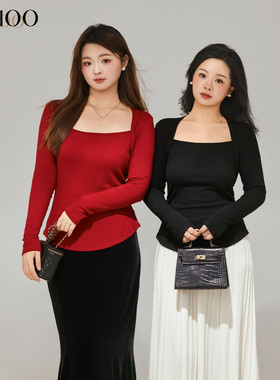 DM100大码百分百女装微胖mm冬季气质大领口收腰显瘦修身打底T恤