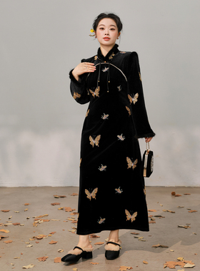 【12/26 单品85折+立减10%】DM100新中式丝绒绣花旗袍连衣裙