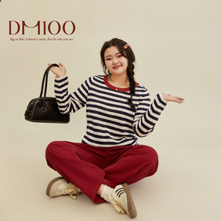 撞色条纹长袖 胖mm女装 打底衫 针织衫 百分百2025春季 DM100大码 新款