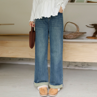 蓝色宽松显瘦阔腿直筒翻边牛仔裤 微胖mm冬季 百分百女装 DM100大码