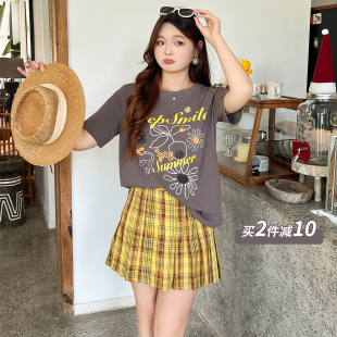 DM100大码 百分百女装 夏季 胖mm甜美彩色字母宽松T恤格纹百褶裙套装
