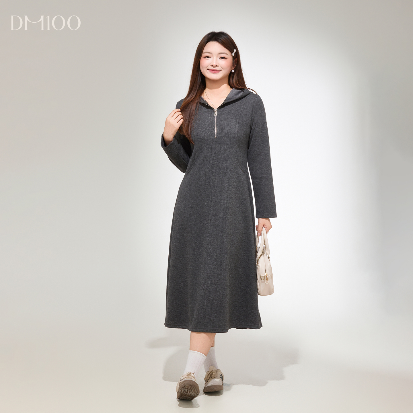 DM100大码百分百女装微胖mm冬季休闲加厚双面针织连帽卫衣连衣裙