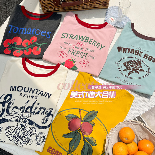 DM100大码百分百女装新夏季胖mm多色美式复古印花时尚休闲美式T恤
