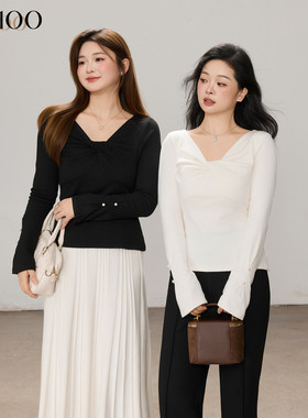 DM100大码百分百女微胖mm冬季V领扭结喇叭袖收腰显瘦磨毛针织T恤