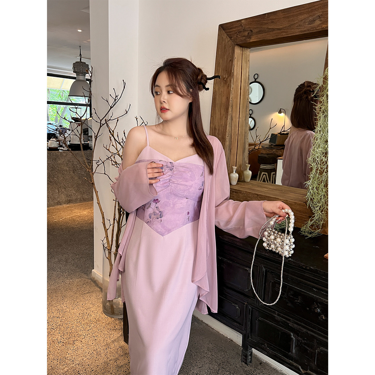 dm100大码百分百女装夏季微胖mm【吊带连衣裙】新中式薄开衫套装