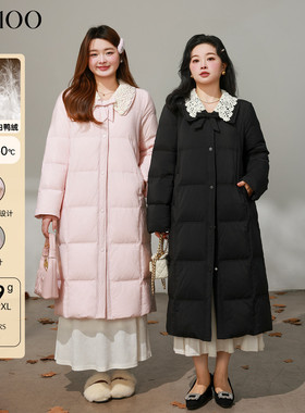 DM100大码百分百女装微胖mm冬季花边翻领正肩收腰长款羽绒服外套