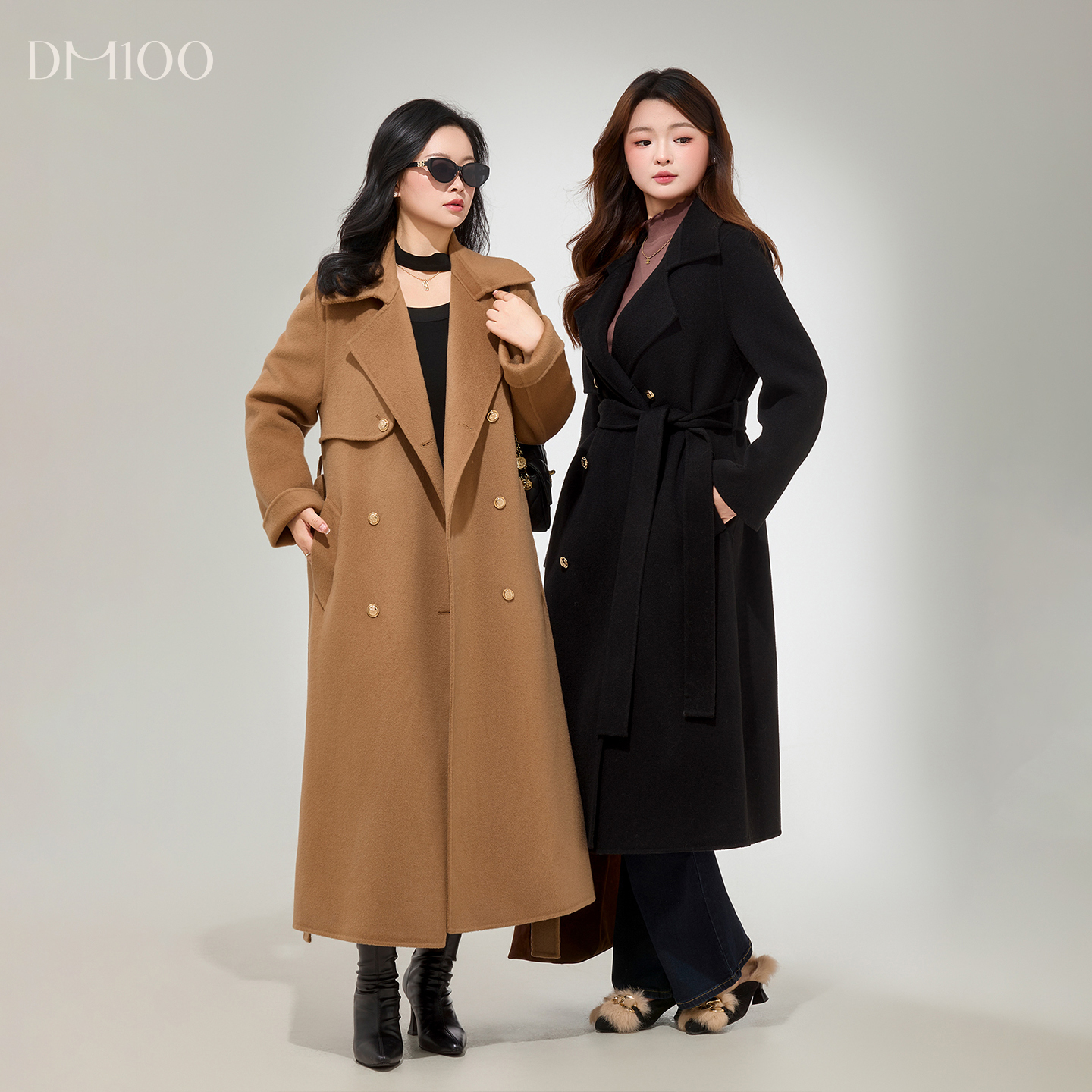 DM100大码百分百女装微胖mm冬季正肩收腰长款外套双面呢羊毛大衣