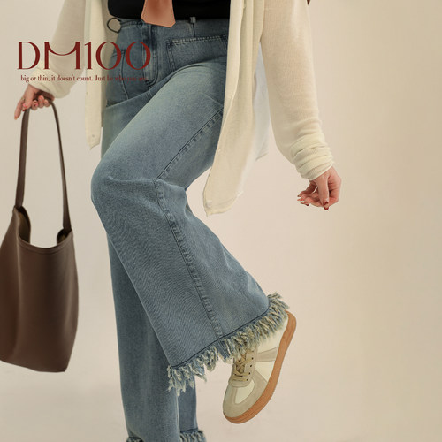 DM100大码百分百女装秋季微胖mm百搭高腰遮胯流苏直筒阔腿牛仔裤